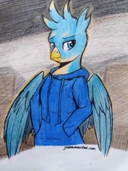 Size: 1280x1711 | Tagged: safe, artist:jcosneverexisted, derpibooru import, gallus, anthro, griffon, clothes, hoodie, male, solo, traditional art, wings