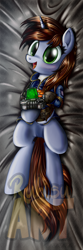 Size: 800x2400 | Tagged: safe, artist:ruhisu, oc, oc only, oc:littlepip, pony, unicorn, fallout equestria, body pillow, body pillow design, clothes, commission, fanfic, fanfic art, female, looking at you, lying down, mare, on back, pipbuck, smiling, solo, vault suit, watermark