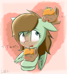 Size: 3318x3643 | Tagged: safe, artist:lofis, derpibooru import, oc, oc only, oc:mint chocolate, oc:slypai, pegasus, pony, unicorn, >w<, abstract background, blushing, dialogue, duplication, greeting, heart, holding a pony, hug, overwhelmed, shading, signature, small, snug, text