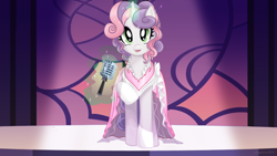 Size: 900x506 | Tagged: safe, artist:morgwaine, sweetie belle, clothes, disney fanatic, dress, magic, microphone, older, singing, solo, stage, the bride of discord