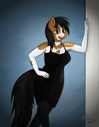 Size: 1557x2000 | Tagged: safe, artist:crimson, oc, oc only, oc:dawn sketch, anthro, earth pony, anthro oc, armpits, black, black dress, clothes, color, dress, female, mare, solo, stockings