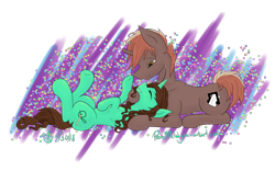 Size: 6400x4000 | Tagged: safe, artist:pencilmelody, derpibooru import, oc, oc:pencil melody, oc:resonance chord, pony, unicorn, boop, couple, cuddling, cute, digital art, food, hooves, mellyres, music, muzzle, prone, shipping, simple background, sprinkles, transparent background