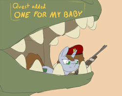 Size: 964x758 | Tagged: safe, artist:firecracker, derpibooru import, oc, oc:littlepip, dinosaur, pony, unicorn, fallout equestria, boone, fallout, fallout: new vegas, fanfic, fanfic art, female, gun, hat, horn, mare, meme, one for my baby, rifle, simple background, solo, text, weapon