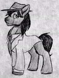 Size: 1598x2090 | Tagged: safe, artist:smirk, derpibooru import, oc, oc only, clothes, fedora, hat, monochrome, suit, traditional art