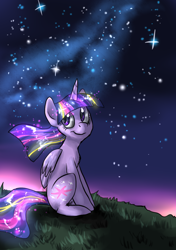 Size: 806x1148 | Tagged: safe, artist:not-ordinary-pony, twilight sparkle, twilight sparkle (alicorn), alicorn, pony, chest fluff, grass, looking back, night, night sky, rainbow power, scenery, sitting, solo, starry night, stars, twilight (astronomy)