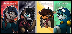 Size: 1132x530 | Tagged: safe, artist:stuflox, derpibooru import, oc, oc only, oc:derrator, oc:ferret, oc:heavyrain, oc:mint way, alicorn, earth pony, pony, unicorn, alicorn oc, clothes, inspiration, male, mask, misery