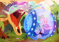 Size: 1000x720 | Tagged: safe, artist:pixelkitties, derpibooru import, mistmane, dinosaur, pony, unicorn, crossover, curved horn, female, indominus rex, jurassic world, mare, smiling