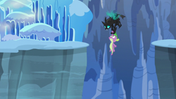 Size: 1280x720 | Tagged: safe, derpibooru import, screencap, spike, thorax, changeling, dragon, the times they are a changeling, cave, duo, flying, frozen north, holding on, ice, male, ravine, rescue, snow