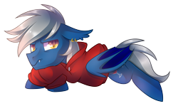 Size: 2728x1628 | Tagged: safe, artist:drawntildawn, oc, oc only, oc:silver tongue, bat pony, pony, annoyed, clothes, hoodie, male, piercing, solo