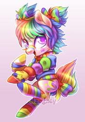 Size: 600x856 | Tagged: safe, artist:cabbage-arts, derpibooru import, oc, oc only, oc:dear diary, earth pony, pony, bow, clothes, commission, female, looking at you, mare, pink coat, purple eyes, rainbow hair, rainbow socks, smiling, socks, solo, striped socks