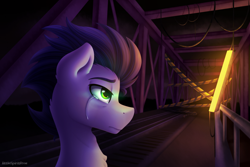 Size: 3000x2000 | Tagged: safe, artist:spirit-dude, soarin', pony, caution tape, colored pupils, crying, glowing eyes, lidded eyes, lights, sad, solo, wires