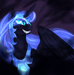 Size: 1068x1086 | Tagged: safe, artist:not-ordinary-pony, nightmare moon, alicorn, pony, evil grin, fangs, glowing eyes, grin, helmet, looking at something, slit eyes, smiling, solo