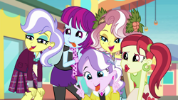 Size: 1920x1080 | Tagged: safe, derpibooru import, screencap, diamond tiara, mystery mint, rose heart, upper crust, vignette valencia, better together, equestria girls, rollercoaster of friendship, clothes, crystal prep academy uniform, me my selfie and i, peace sign, school uniform, silly face, tongue out