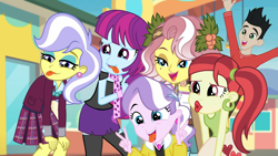 Size: 1920x1080 | Tagged: safe, derpibooru import, screencap, diamond tiara, mystery mint, rose heart, upper crust, vignette valencia, better together, equestria girls, rollercoaster of friendship, clothes, crystal prep academy uniform, peace sign, photobomb, school uniform, silly face, tongue out