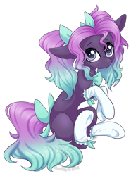 Size: 1283x1722 | Tagged: safe, artist:doekitty, derpibooru import, oc, oc only, pony, bow, clothes, cute, cute little fangs, fangs, female, hair bow, looking at you, mare, ocbetes, outline, pigtails, simple background, sitting, smiling, socks, solo, tail bow, transparent background, twintails, white outline