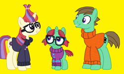 Size: 930x558 | Tagged: artist needed, safe, derpibooru import, edit, oc, oc:ian, oc:straight a's, unicorn, adorkable, buttons, canon x oc, clothes, cute, dork, family, female, filly, glasses, male, offspring, parent:moondancer, parent:oc:ian, parents:canon x oc, pigtails, shipping, simple background, straight, sweater, yellow background