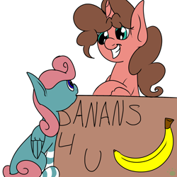 Size: 3000x3000 | Tagged: safe, artist:vorian caverns, oc, oc only, oc:banana pie, oc:vorian caverns, pegasus, pony, unicorn, ask, askvorian, banan, banana, brown mane, crossed hooves, curly mane, duo, food, pink mane, sitting, text, tumblr