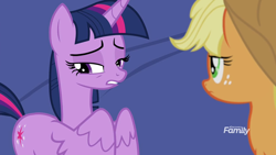 Size: 1920x1080 | Tagged: safe, derpibooru import, screencap, applejack, twilight sparkle, twilight sparkle (alicorn), alicorn, earth pony, pony, horse play, discovery family logo, duo, female, mare, sideways glance