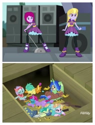 Size: 3106x4096 | Tagged: safe, derpibooru import, edit, edited screencap, screencap, fuchsia blush, gallus, lavender lace, ocellus, sandbar, silverstream, smolder, yona, equestria girls, horse play, rainbow rocks, clothes, costume, student six