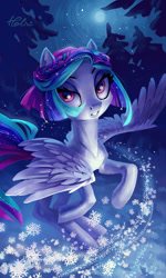 Size: 1024x1707 | Tagged: safe, artist:holivi, derpibooru import, oc, oc only, pegasus, pony, bedroom eyes, commission, female, looking at you, mare, moon, snow, solo, tree