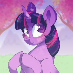 Size: 1024x1024 | Tagged: safe, artist:slushshe, derpibooru import, twilight sparkle, blushing, female, looking at you, mare, tree