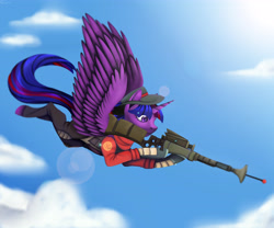 Size: 4800x4000 | Tagged: safe, artist:shkura2011, derpibooru import, twilight sparkle, twilight sparkle (alicorn), alicorn, pony, absurd resolution, flying, gun, rifle, shooting star, sniper rifle, solo, team fortress 2, twilight sniper, weapon