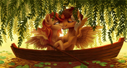 Size: 1024x554 | Tagged: safe, artist:holivi, derpibooru import, oc, oc only, pegasus, pony, boat, commission, female, male, oc x oc, shipping, straight