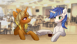 Size: 3500x2000 | Tagged: safe, artist:miioko, oc, oc only, oc:aire, oc:shifting gear, pony, unicorn, blushing, drink, duo, female, green eyes, looking at each other, male, mare, request, requested art, stallion