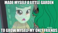 Size: 1280x720 | Tagged: safe, derpibooru import, edit, edited screencap, screencap, wallflower blush, better together, equestria girls, forgotten friendship, garden, in the garden, lonely, lyrics, meme, monitor, red vox, song reference, text, vinesauce, wallflower and plants, wallflower is a plant