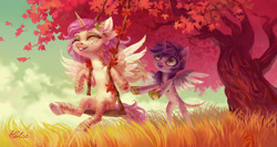 Size: 1024x546 | Tagged: safe, artist:holivi, derpibooru import, oc, oc only, alicorn, pony, alicorn oc, body markings, cloud, commission, eyes closed, female, mare, open mouth, signature, sky, smiling, stripes, tree