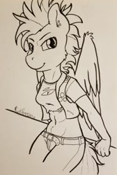 Size: 1439x2138 | Tagged: safe, artist:punk-pegasus, derpibooru import, rainbow dash, anthro, alternate hairstyle, belly button, belt, clothes, female, midriff, mohawk, monochrome, piercing, punk, ripping clothes, short shirt, solo, traditional art