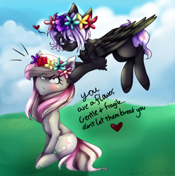 Size: 1988x2000 | Tagged: safe, artist:cloud-rose-momo, artist:harmonyskish, oc, oc only, earth pony, pegasus, pony, female, floral head wreath, flower, flying, mare