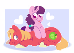 Size: 2741x1977 | Tagged: safe, artist:djkaskan, derpibooru exclusive, big macintosh, sugar belle, earth pony, pony, unicorn, blushing, female, heart, hilarious in hindsight, love, male, mare, shipping, stallion, straight, sugarmac, tongue out