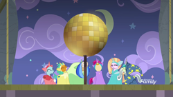 Size: 1920x1080 | Tagged: safe, derpibooru import, screencap, gallus, ocellus, sandbar, silverstream, smolder, yona, changedling, changeling, dragon, earth pony, griffon, hippogriff, pony, yak, horse play, clothes, costume, disco ball, discovery family logo, fake beard, fake horn, female, male, star swirl the bearded costume, student six, teenager