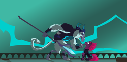 Size: 10000x4900 | Tagged: safe, artist:joemasterpencil, derpibooru import, storm king, tempest shadow, pony, my little pony: the movie, absurd resolution, betrayal, betrayed, broken horn, female, looking at each other, mare, sadism, scene interpretation, staff, vector, you monster