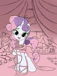 Size: 1500x2000 | Tagged: source needed, safe, artist:ruhisu, blue note, coloratura, sweetie belle, beautiful, clothes, doodle, dress, ear piercing, earring, gown, jewelry, looking at you, lovely, luxor hotel & casino, microphone, musical instrument, older, partial color, piano, piercing, saxophone, singing, sketch, stage, wip