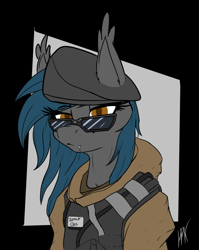 Size: 887x1112 | Tagged: safe, artist:hispushkaa, derpibooru import, oc, oc only, oc:speck, anthro, bat pony, bat pony oc, beret, bulletproof vest, hat, polish, rainbow six siege, solo, sunglasses, zofia, zofia bosak