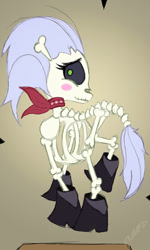 Size: 900x1500 | Tagged: safe, artist:miniferu, derpibooru import, skellinore, skeleton pony, the break up breakdown, bone, boots, female, looking at you, shoes, skeleton, smiling, solo