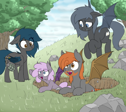 Size: 916x817 | Tagged: safe, artist:victoreach, derpibooru import, oc, oc only, oc:angel tears, oc:brick kindler, oc:sirocca, oc:speck, bat pony, angelkindler, concerned, family, female, foxhole, grandfather and grandchild, grandmother and grandchild, grenade, group, happy, mother and child, mother and daughter, parent and child, rock, tree