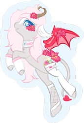 Size: 1335x1942 | Tagged: safe, artist:pastel-pony-princess, derpibooru import, oc, oc only, oc:minxy bearheart, succubus, succupony, choker, clothes, fishnet clothing, flower, flower in hair, heart eyes, horns, membranous wings, simple background, socks, solo, spaded tail, transparent background, wingding eyes