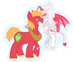Size: 1574x1344 | Tagged: safe, artist:pastel-pony-princess, derpibooru import, big macintosh, oc, oc:minxy bearheart, succubus, succupony, clothes, duo, female, floppy ears, flower, flower in hair, flying, heart eyes, horns, male, seduction, simple background, socks, spaded tail, transparent background, wingding eyes, yoke