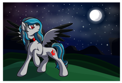 Size: 1957x1329 | Tagged: safe, artist:moonlightfan, derpibooru import, oc, oc only, oc:blue eclipse, pegasus, pony, choker, colored wings, commission, ear piercing, earring, female, jewelry, mare, moon, night, piercing, solo, stars, tattoo, two toned wings