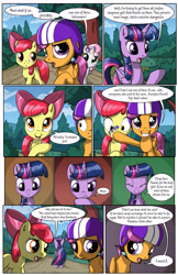 Size: 2030x3130 | Tagged: safe, artist:sirzi, derpibooru import, apple bloom, scootaloo, sweetie belle, twilight sparkle, twilight sparkle (alicorn), alicorn, earth pony, pegasus, pony, unicorn, comic:talisman for a pony, comic, cutie mark crusaders, helmet