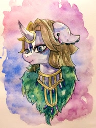 Size: 3024x4032 | Tagged: safe, artist:awk44, oc, oc only, oc:velvet, pony, unicorn, absurd resolution, bust, ear piercing, earring, female, floppy ears, horn ring, jewelry, mare, necklace, piercing, portrait, solo, traditional art, watercolor painting