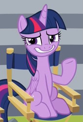 Size: 515x756 | Tagged: safe, derpibooru import, screencap, twilight sparkle, twilight sparkle (alicorn), alicorn, pony, horse play, chair, cropped, director's chair, faic, female, forced smile, liar, mare, sitting, solo, uncomfortable