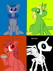 Size: 1536x2048 | Tagged: safe, artist:sixes&sevens, derpibooru exclusive, derpibooru import, oc, oc:dr. elf shot, oc:pound wise, oc:prince omega, oc:red velvet, alicorn, earth pony, pegasus, pony, unicorn, alicorn oc, bone, bowtie, famine, food, four horses of the apocalypse, horseman of death, pestilence, pie, skeleton, war