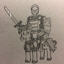 Size: 1280x1280 | Tagged: safe, artist:greyscaleart, derpibooru import, oc, human, :), armor, humans riding ponies, monochrome, riding, sword, traditional art, weapon