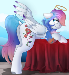 Size: 4448x4872 | Tagged: safe, artist:beardie, derpibooru import, oc, oc only, oc:lumi, pegasus, pony, absurd resolution, dock, halo, plot, table, tablecloth, tattoo