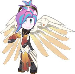 Size: 6000x5938 | Tagged: safe, artist:limedazzle, princess flurry heart, pony, absurd resolution, armor, bipedal, clothes, crossover, cute, flurrybetes, mercy, older, overwatch, request, simple background, smiling, solo, transparent background, vector