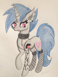 Size: 1024x1365 | Tagged: safe, artist:luxiwind, derpibooru import, oc, oc:inkheart, pony, unicorn, choker, female, fishnet stockings, mare, solo, tattoo, traditional art